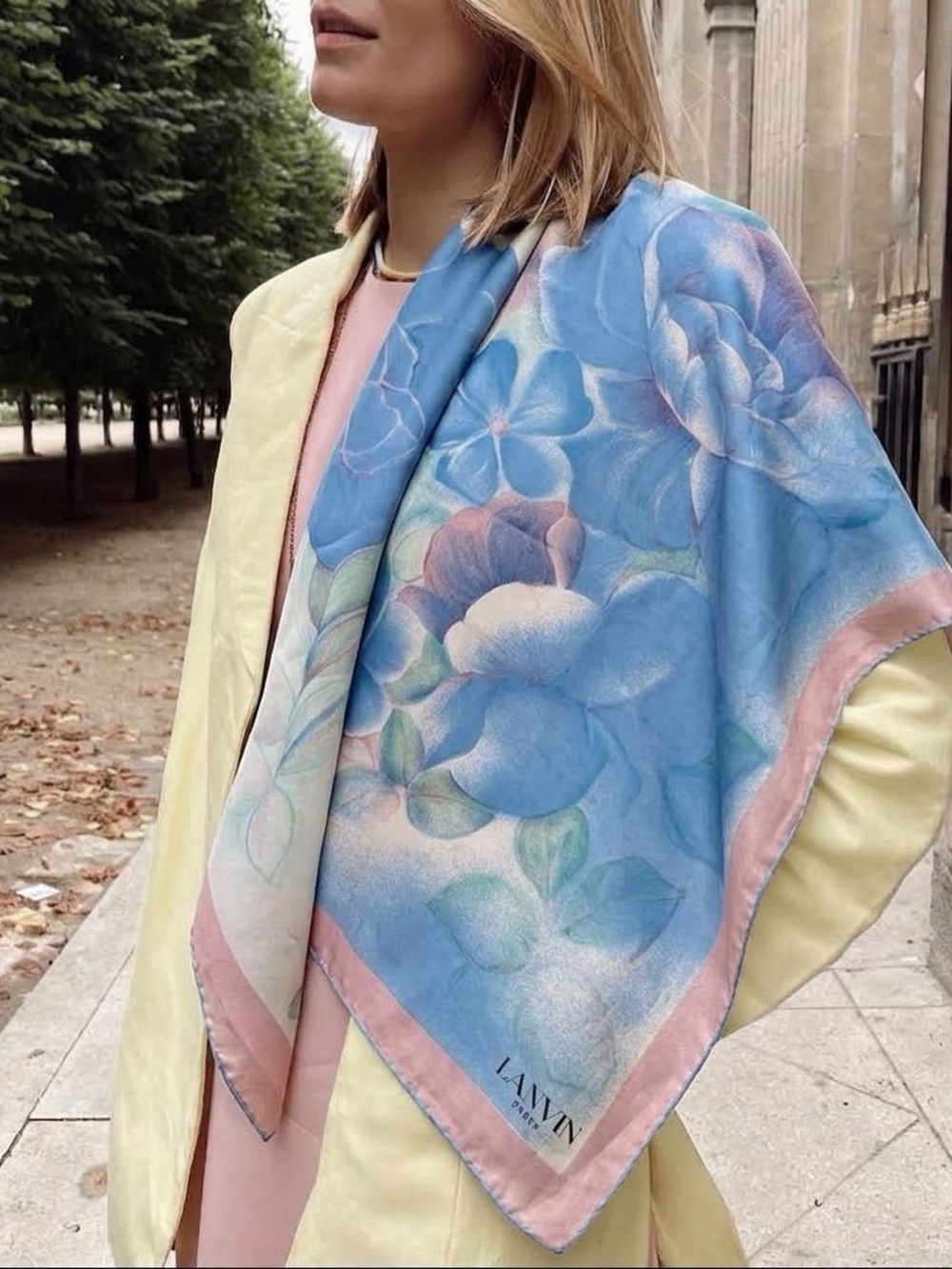 Vintage 1980s Lanvin Paris 100% Silk Square Scarf Blue Pink Floral